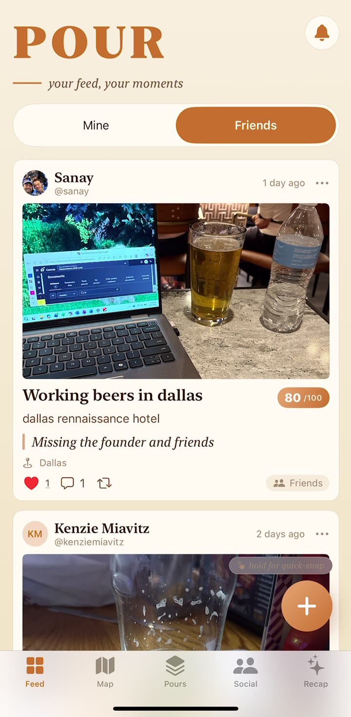 The Pour friends feed — friends' pours with photos, places, and reactions