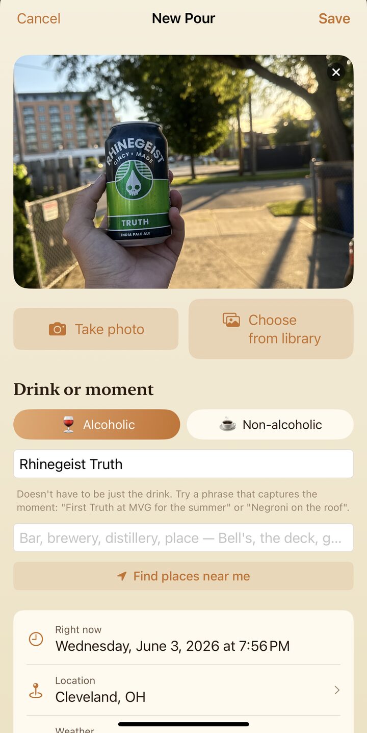 Logging a new pour in Pour — photo, drink name, and an alcoholic / non-alcoholic toggle