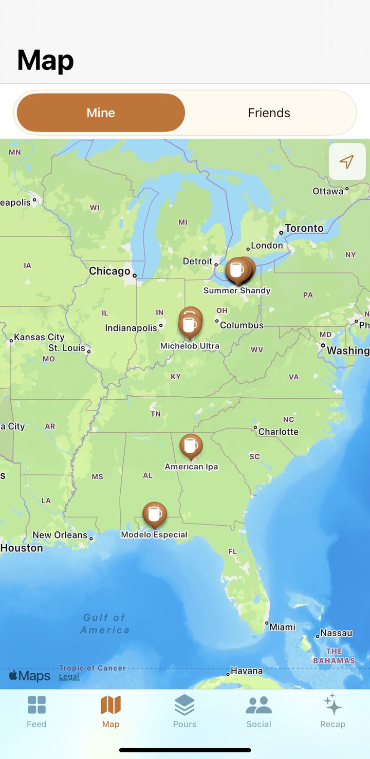 The Pour map with pours pinned across the country, toggling between Mine and Friends